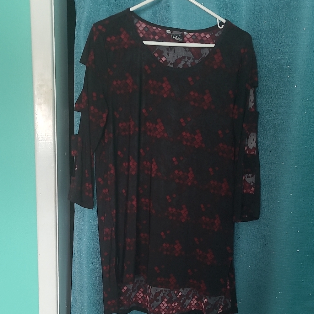 Black Tunic with Burgundy Patterned Accents - Women's Long Sleeve